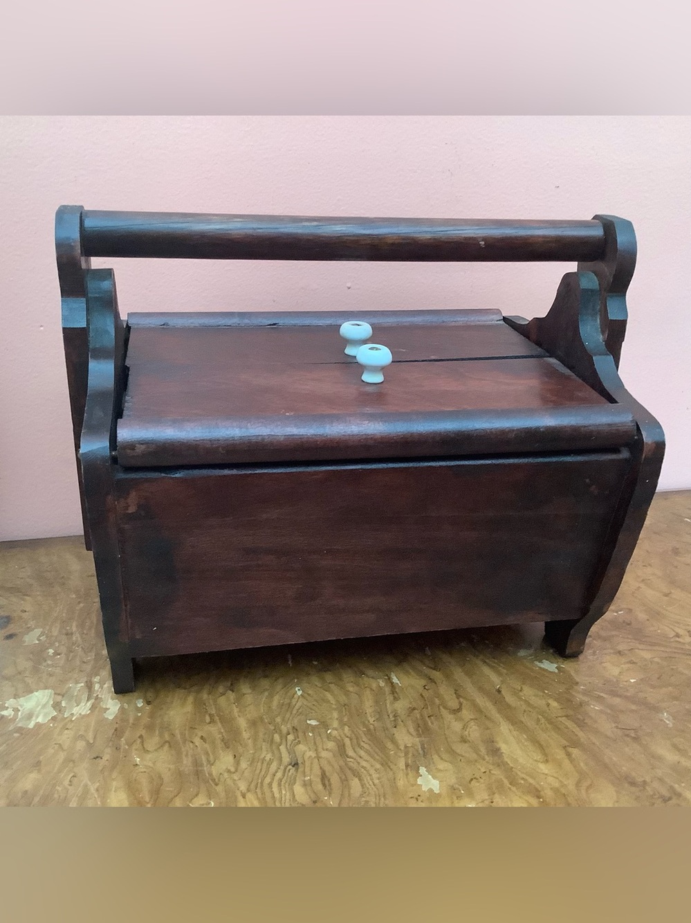 Handcrafted Dark Mahogany Sewing Box with Handle - Picture 3 of 17